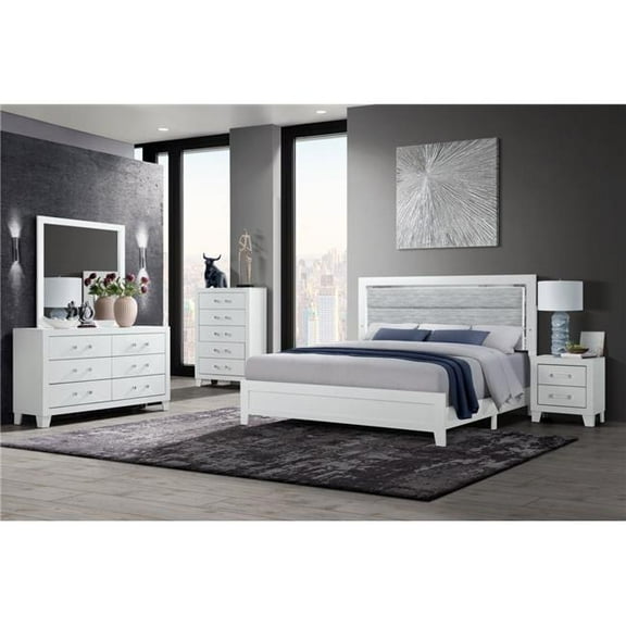 Global Furniture USA LUCCIA-WHITE-QB W-LED DR MR NS 4 Piece Luccia Queen Size Bedroom Set - White