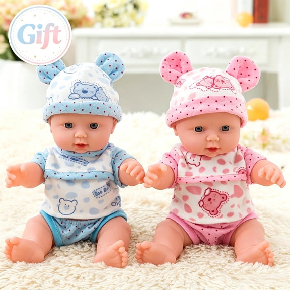 12 Inch Plastic Reborn Baby Doll for Kids 3 , 360° Rotatable Limbs Play Doll with Blue Bear Ear Hat Outfit, Soft Cuddly Simulated Toy for Pretend Nurture Play Birthday Gift for Boys Girls