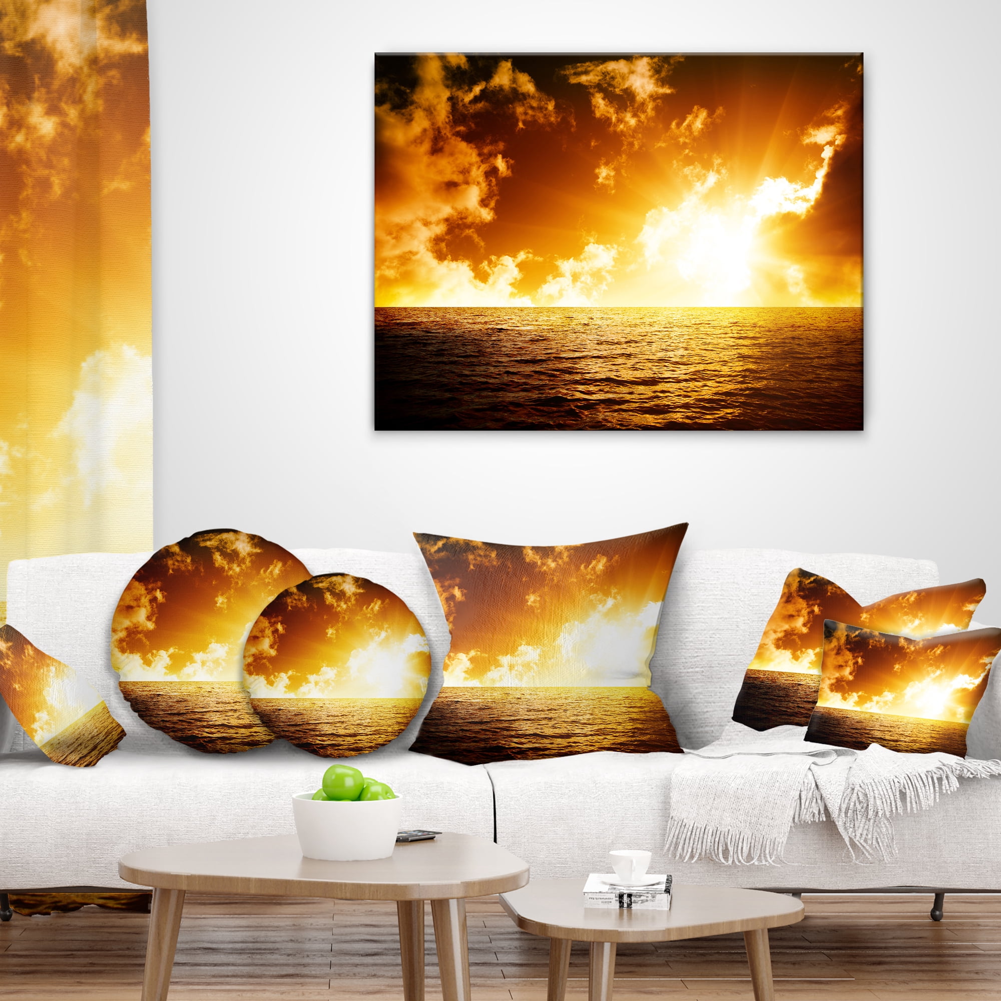 Designart Fiery Sunlight in Beach during Sunset - Seascape Throw Pillow - 16x16