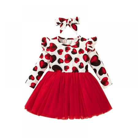 

BULLPIANO 6M-3Y Baby Girls Valentine s Day Outfits Toddler Girl Long Sleeve Heart Print Tutu Skirts Ruffle Dress Clothes