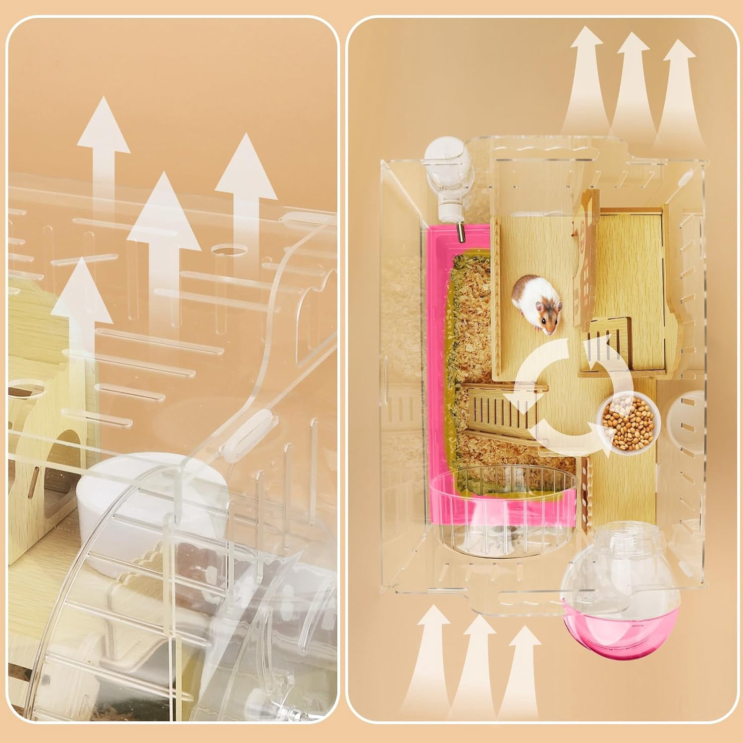 12 in 1 Clear Acrylic Hamster Cage with All Accessories,13.5''L* 10''W* 15''H Dwarf Hamster Cage,Magnetic Connection Small Hamster Enclosure,Garden Style Wooden Mouse Cage for Pet Mice
