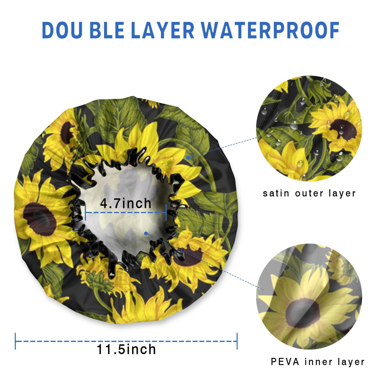 Shower Caps,Black Green Stem Sunflower Pattern Waterproof Shower Cap for Women 4 Pieces,Double Reusable Hair Cover for Shower PEVA Elastic Stretch Hem