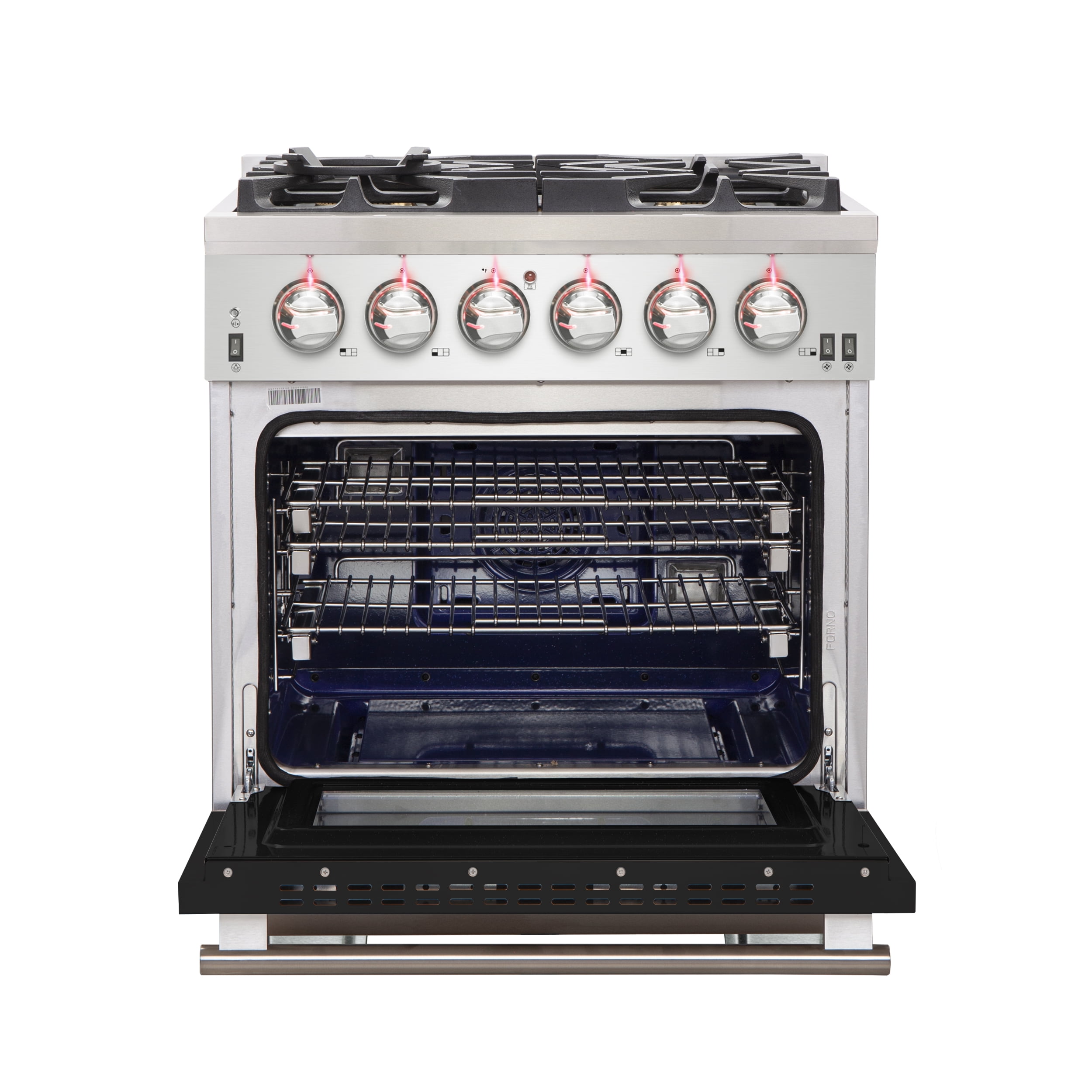 Forno Capriasca 30-Inch Freestanding Gas Range, 4 Burners, True Convection Oven, Black Door