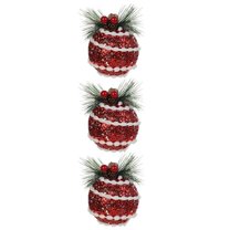 3PCS Christmas Plaid Ball Ornaments Burlap Foam 3.93'' Black & Red Buffalo Plaid Fabric Ball Ornaments with Pine Cones and Greenery, Plaid Christmas Tree Hanging Ball Ornaments Festive Decoration