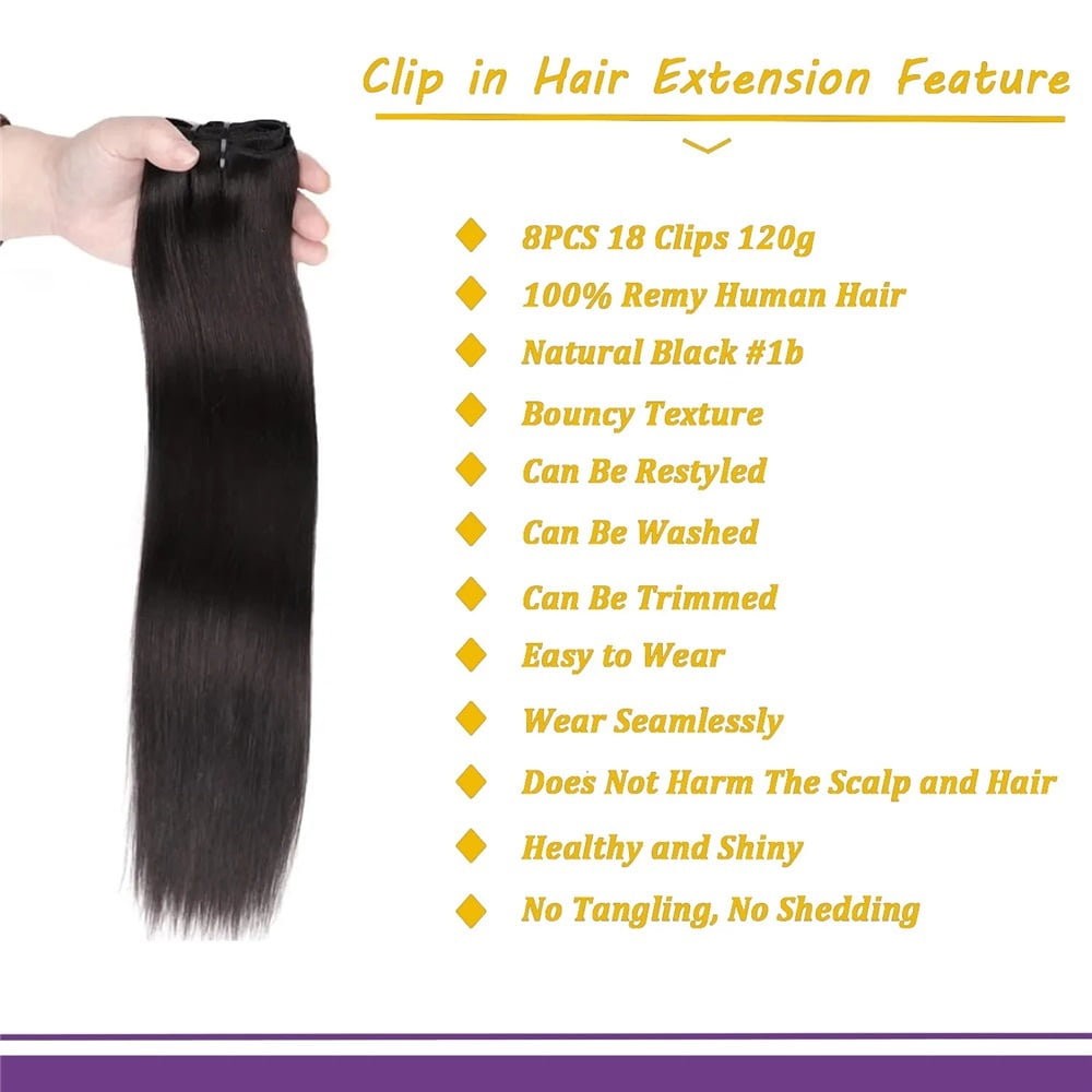 Straight Clip In Hair Extensions Natural Human Hair #1b 120g Full Head Set Clip Ins