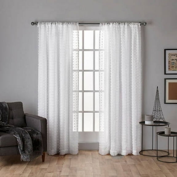 Exclusive Home Spirit Woven Pouf Applique Sheer Rod Pocket Curtain Panel Pair, 54"x96", Winter White