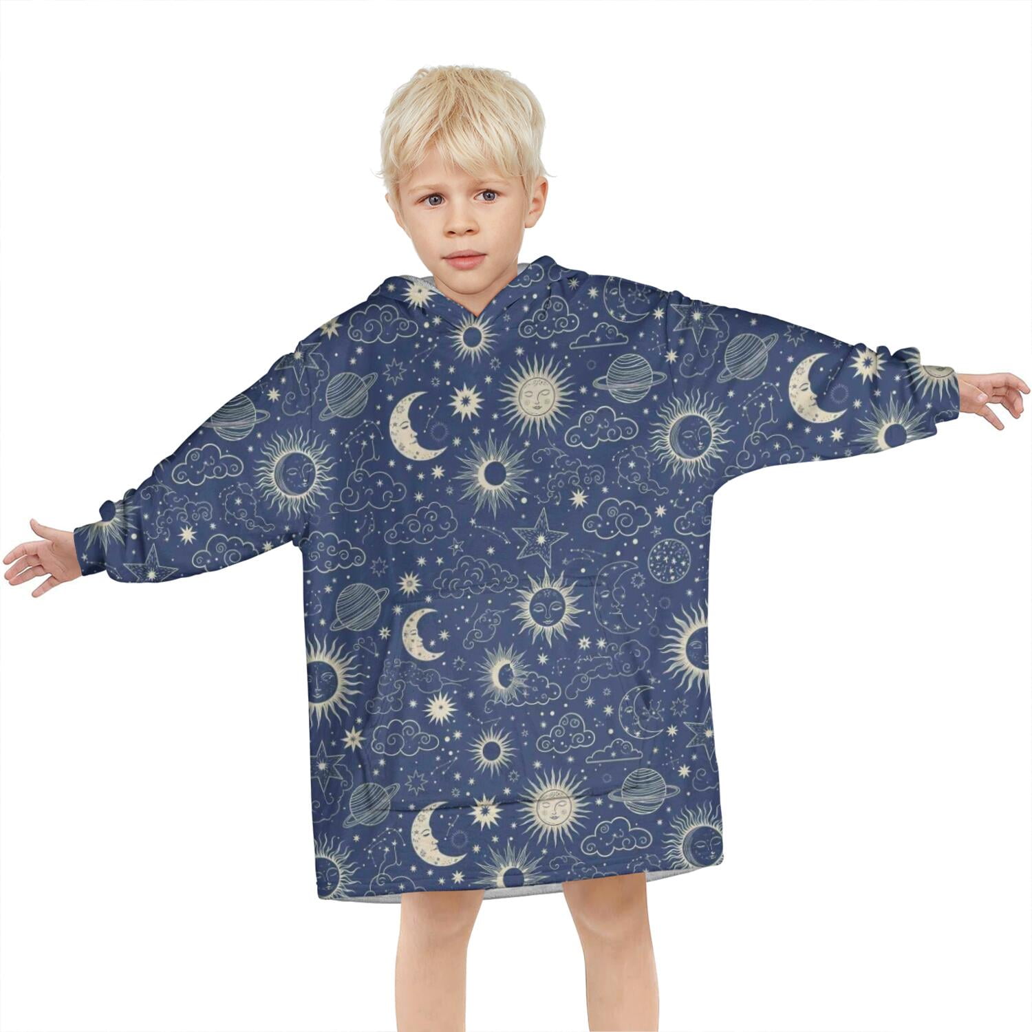 Dark Blue Celestial Pattern Blanket Hoodies for Kids 6-13YR Oversize Wearable Blanket Hoodies for Boys Girls Teens