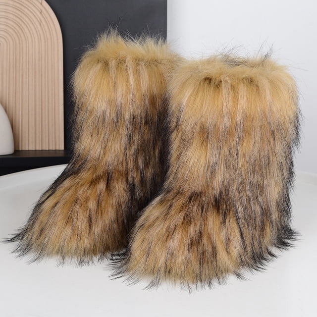 Mujeres botas peludas Toe redondeo botas de piel sintética botas de nieve calientes botas de nieve media botas de invierno zapatos planos al aire libre
