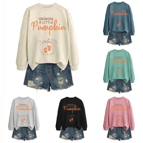 Trendfront Womens Halloween Growing A Little Pumpkin Sweatshirt Long Sleeve Graphic Crewneck Fall Theme Pumpkin Print Pullover Top