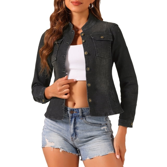 Chaquetas de mezclilla para mujer INSPIRE CHIC con cuello alto, mangas largas, chaquetas de jean cortas, color negro, talla L