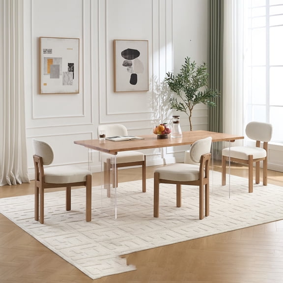 Wooden Dining Chairs Set of 2, Fabric Upholstered Mid-Century Kitchen Chairs with Solid Rubberwood Legs, Beige.