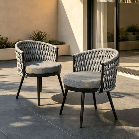 Outdoor Dining Chair - Metal & Rope with Light Gray Cushion (MP2 Set of 2)