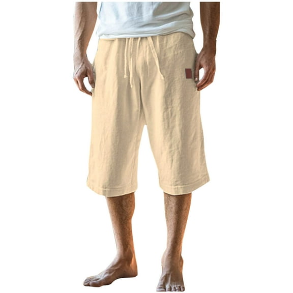 WRKEKC Summer Shorts for Men Solid Color Elastic Waist Breathable Tie Waist Pocket Casual Beach Athletic Mid Length Shorts