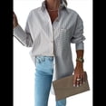 thumbnail image 2 of Camisas de Rayas con Botones para Mujer, Blusas Informales de Larga con Cuello para Oficina, Trabajo, Caqui L, 2 of 8