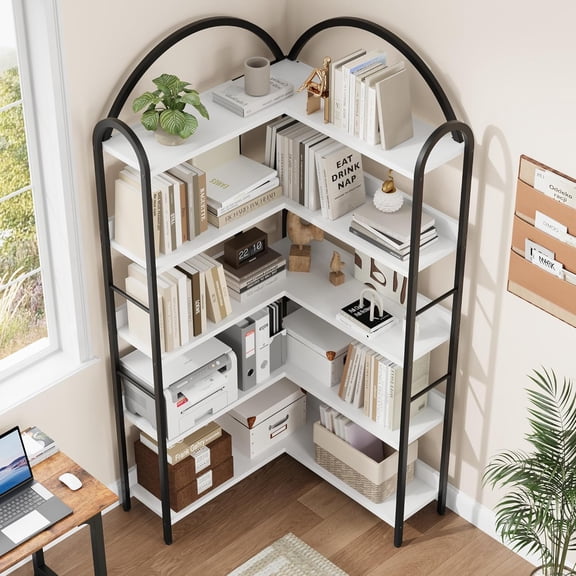 Kselythan Corner Shelf,5-Tier Industrial Corner Bookshelf, L Shaped Bookshelf Arched 5 Tier Corner Shelf,Wood and Metal Etagere Bookcase, Freestanding Display Shelf for Home Office