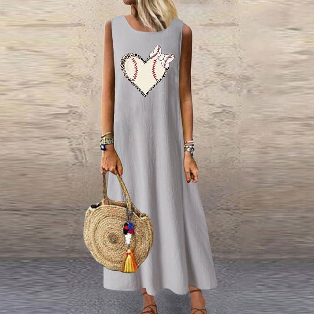Meichang Robes de Baseball pour Femmes 2024 Coton Lin Robes Sans Manches Mignonnes Cœur Graphique Col Rond Maxi Robes Coupe Ample Décontractée Robes Fête des Mères Gris L