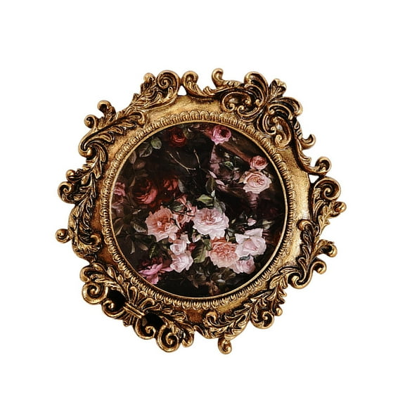 Antique Resins Art Round Golden Photo Frame With Intricate Carving Pattern Wall Mounting or Desktop For Home Aesthetic