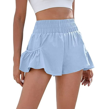 ZPYESWOW Bike Shorts Women Tummy Control Women s Solid Color High Waist Shorts Sports Running Shorts Workout Gym Flowing Shorts with Pockets Summer Shorts Women Blue XXL
