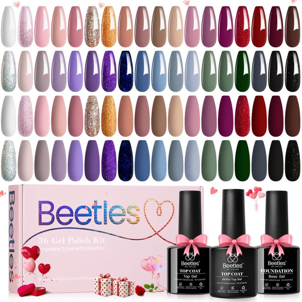 Set de esmaltes de uñas Beetles Gel, 36 colores, para San Valentín, con capa base