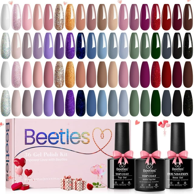 Set de esmaltes de uñas Beetles Gel, 36 colores, para San Valentín, con capa base