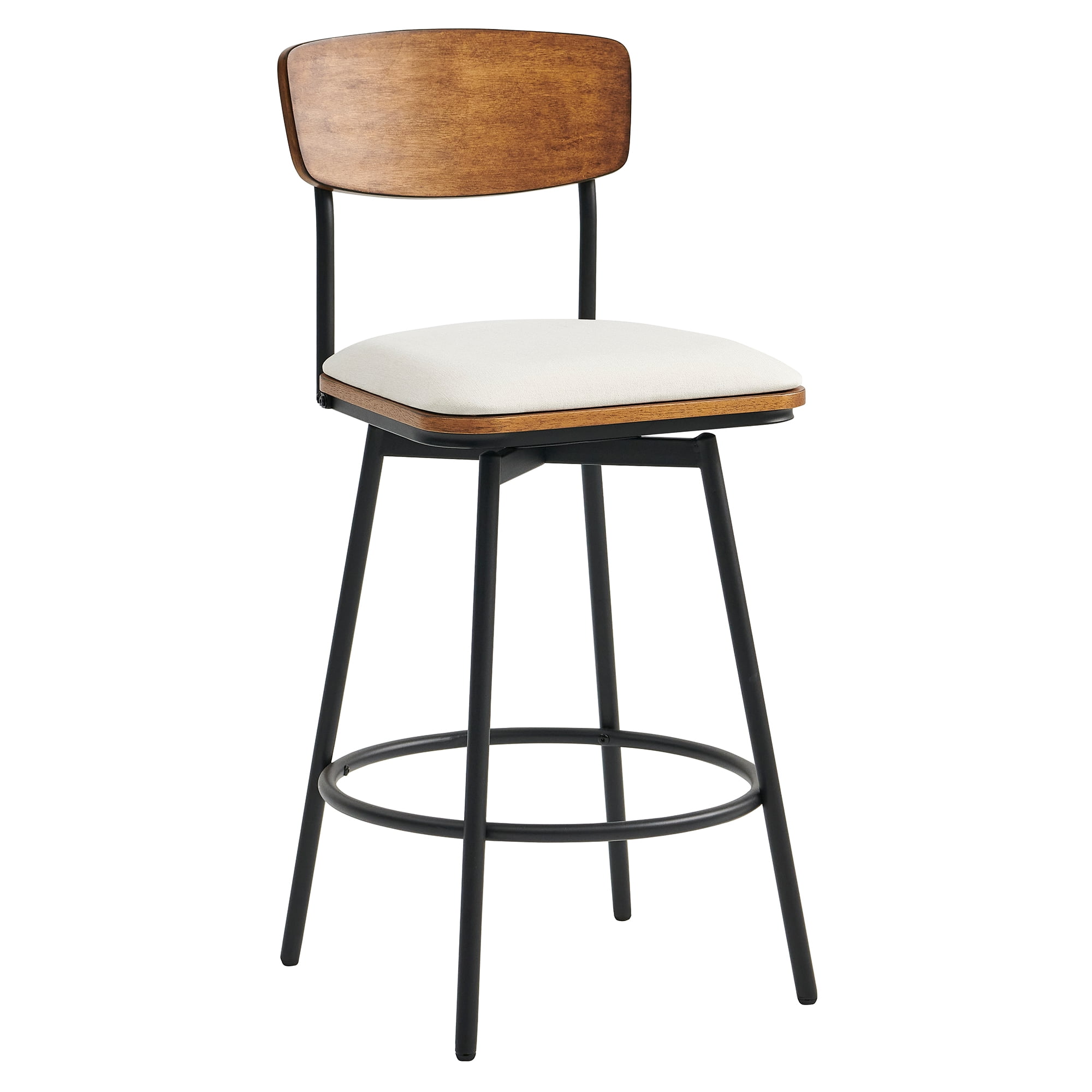 Spruce & Spring Counter Height Swivel Bar Stool with Wood Back and Metal Base Set of 2, White, Fabric