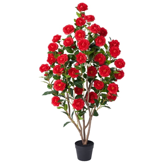 DR.Planzen Artificial Camellia Tree 4FT Tall Faux Camellia Plant UV Resistant Fake Flowering Tree Potted – 48 Blooming Red Flowers & 348 Silk Leaves, Artificial Plant Indoor Outdoor Decor