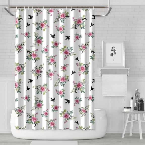 Pioneer Flower Floral Print Pattern Modern Waterproof Shower Curtain Set with 12 Hooks, Washable Decorative Bathroom Shower Curtain