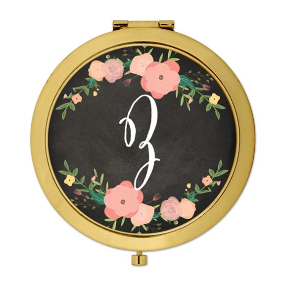 Koyal Wholesale Gold Compact Mirror Bridesmaid's Wedding Gift, Pink Peach Florals | Chalkboard, Monogram Letter Z