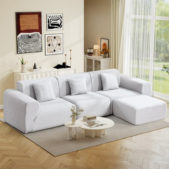 Ebello 114” Modern Chenille Sectional Sofa, 3-Seater with Ottoman for L-Shape Modular Couch, No Assembly,Light Grey