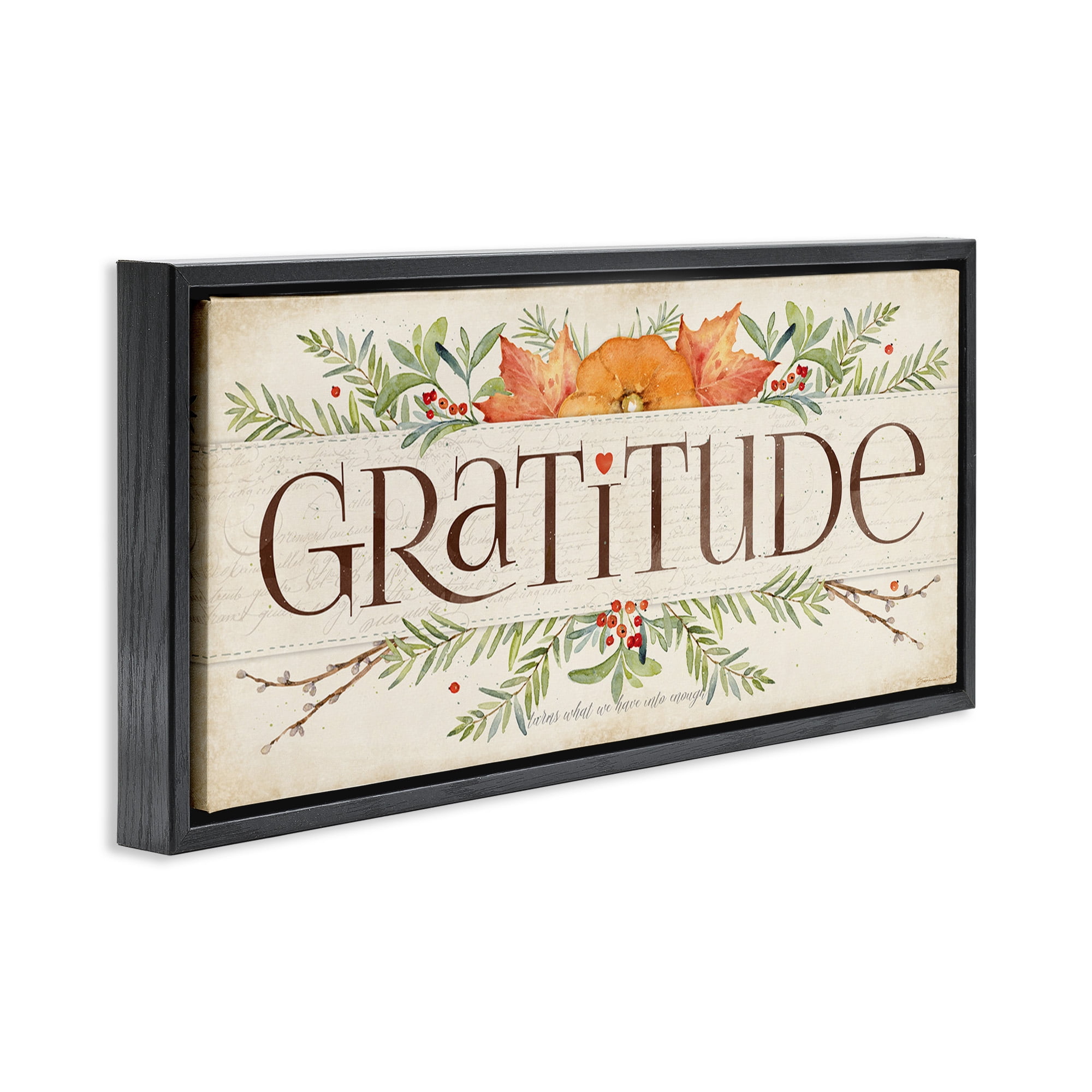 Stupell Industries Seasonal Gratitude Floral Leaves Typography Painting Black Floater Framed Canvas Art Print Wall Art, 31 x 14