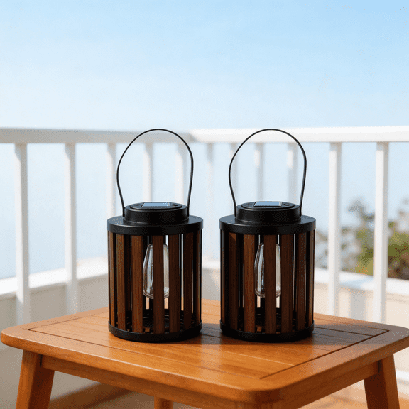 DJGIFI Solar Wall Lanterns, Wood Grain, Warm White LED, 21 x 15 cm, 2 Pack