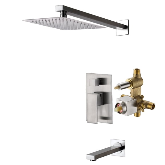 SUMERAIN Modern Tub and Shower Faucet with Single-Handle, Wall Mounted Shower System with 8" Square Rain Showerhead, Pressure Balance Valve, Brushed Nickel