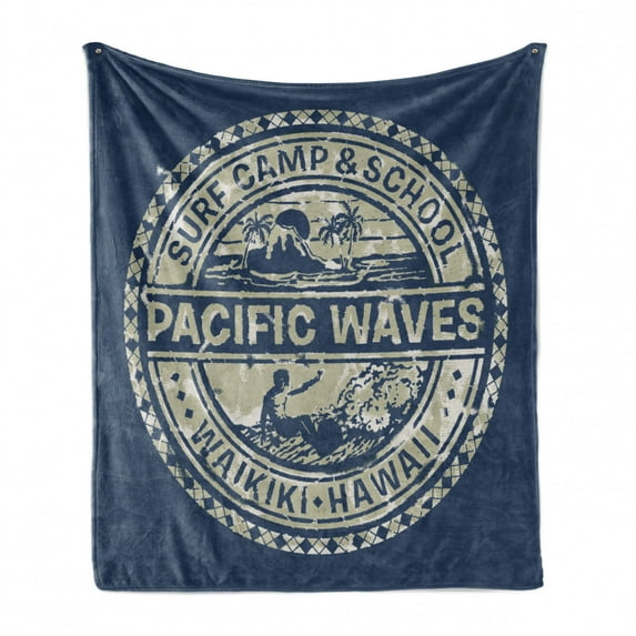 Modern Soft Flannel Fleece Throw Blanket, Pacific Waves Surf Camp and School Hawaii Logo Motif Effects Design, Cozy Plush for Indoor and Outdoor Use, 70" x 90", Khaki Slate Blue, by Ambesonne