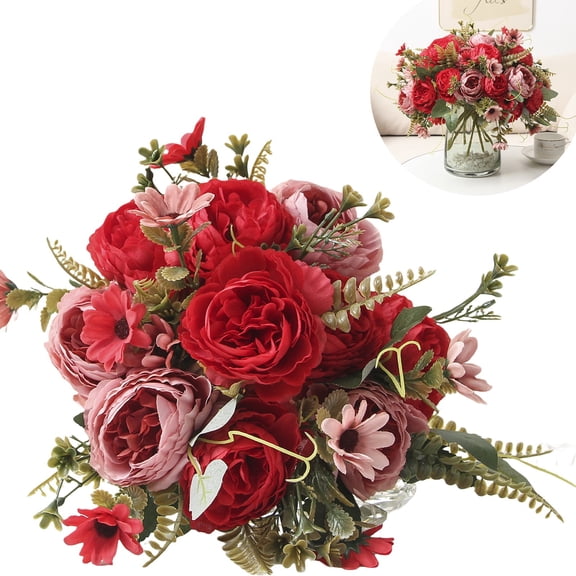 Artificial Peonies Flowers, Mixed Red Fake Peony Bouquet, Realistic Floral Arrangement, Fake Flower Bundles for Home Decor, Wedding Centerpieces, Party Table Arrangements, Vase Fillers
