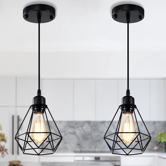 Modern Industrial Pendant Light 2 Pack Black Metal Geometric Cage E26 Hardwired Hanging Ceiling Light for Kitchen Island