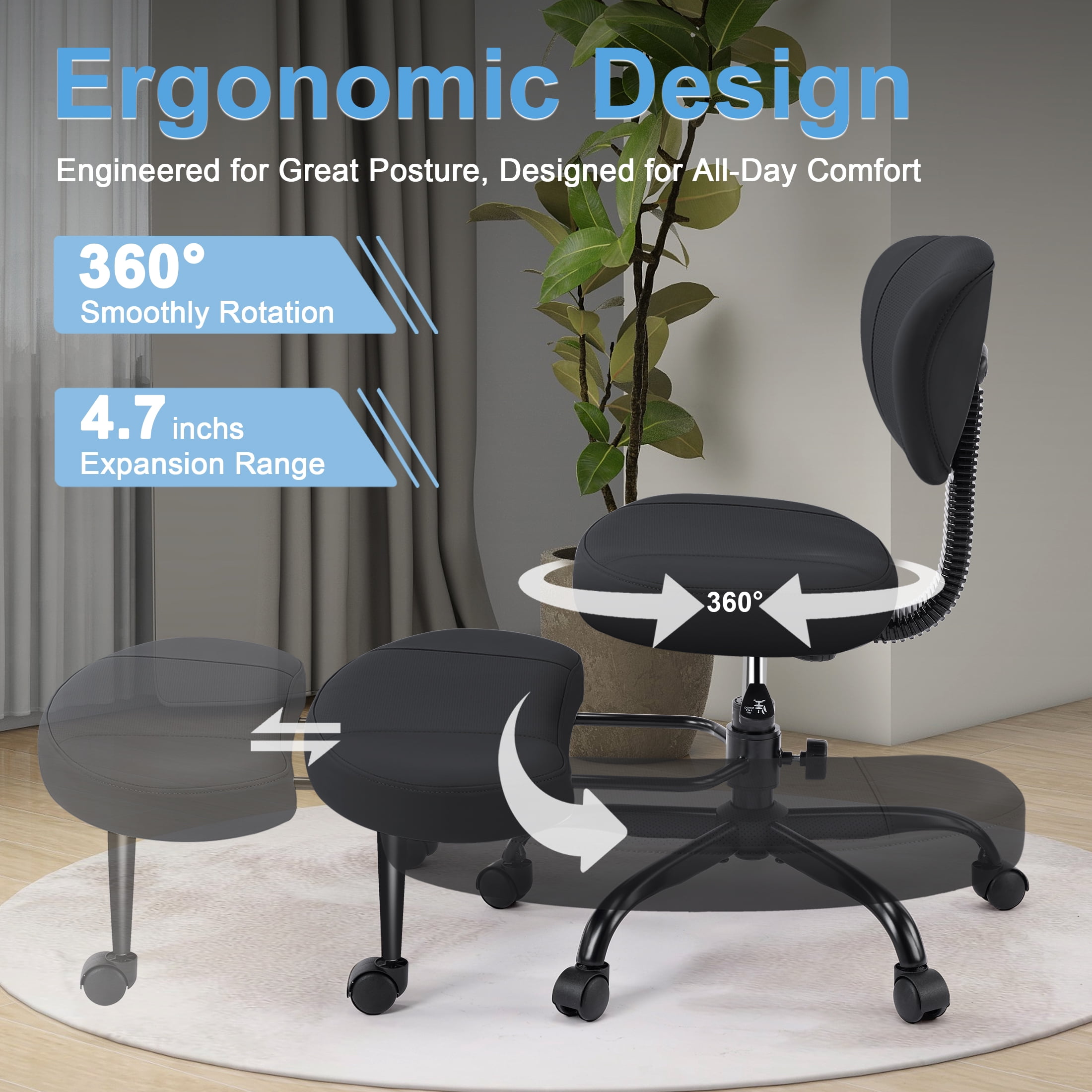 Dhole Kneeling Chair with Backrest - Ergonomic Office Chair for Cross-Leg Sitting, Adjust Height, 360° Rotating Footrest & Wheels, Posture Support for ADHD/Home Office/Meditation, Black