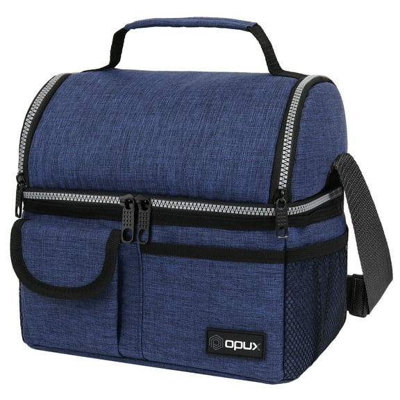 OPUX Insulated Dual Compartment Lunch Bag for Men, Women | Double Deck Reusable Lunch Pail Cooler Bag with Shoulder Strap, Soft Leakproof Liner | Large Lunch Box Tote for Work, School (Navy)