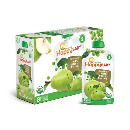 (8 Pouches) Happy Baby Simple Combos, Stage 2, Organic Baby Food, Pears, Peas &amp; Broccoli - 4 oz