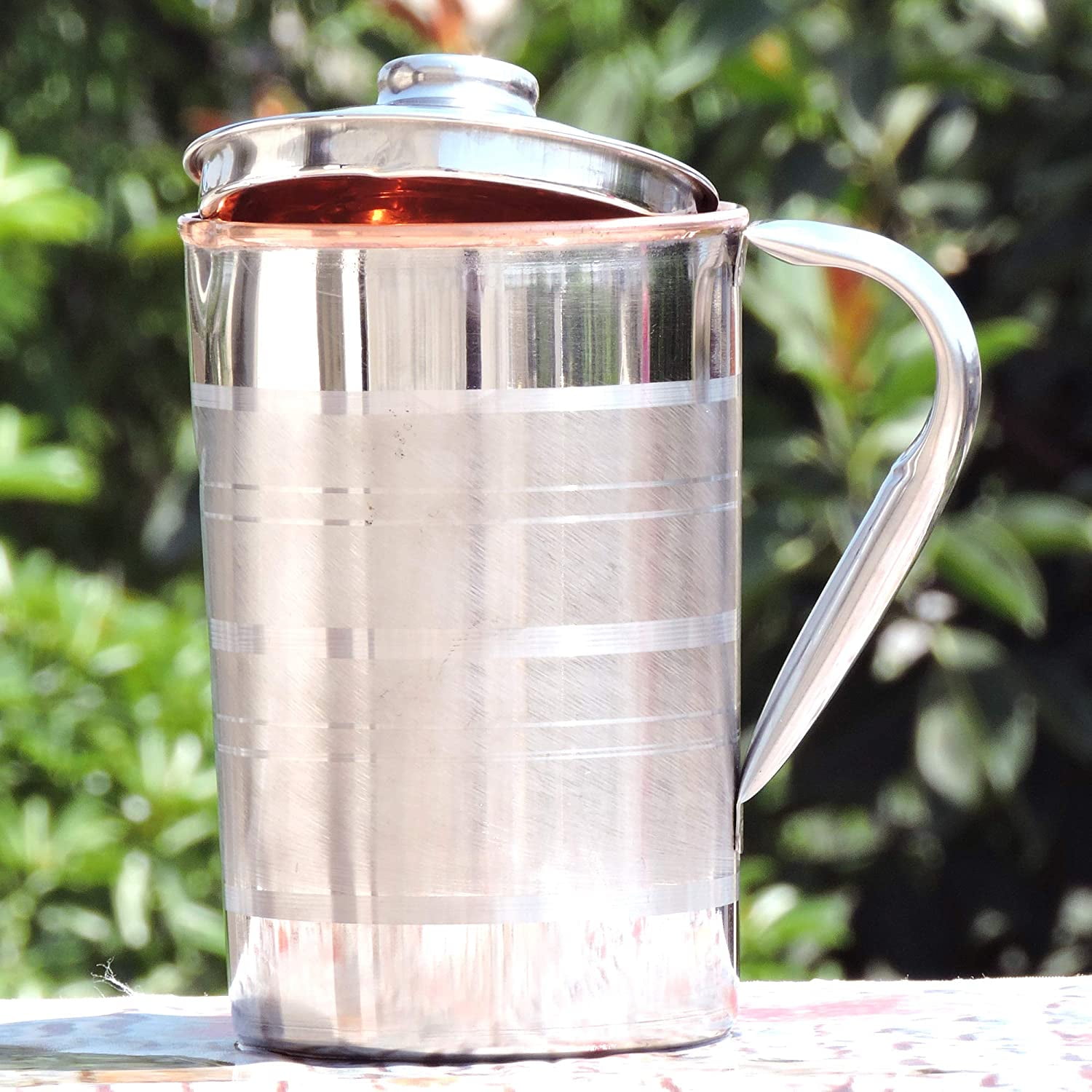Outer Stainless Steel and Inner Copper Pitcher with Lid UNLINED, UNCOATED and LACQUER Free, Carries 1.7 Lt. (57.48 US Fl Oz) Water
