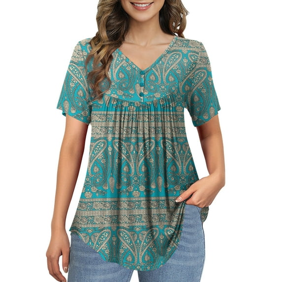 McVanedy Women's Pleated Flare Top V Neck Button Plus Size Short Sleeve Top M-4XL