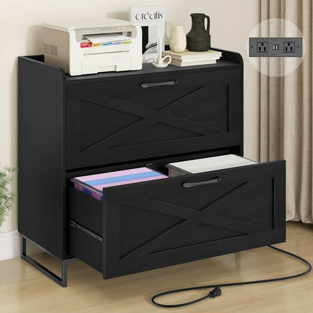 Lateral File Cabinet 2 Drawer File Cabinet with Charging Station for Legal/Letter/A4 Size Hanging Files, Modern Farmhouse Large Wood File Storage Cabinet for Home Office Furniture(Black)