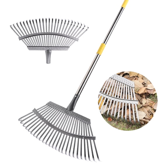 Yocada 25-Tine Heavy Duty Garden Leaf Rake - 19.3" Wide Head, Adjustable Long Handle for Yard Lawn Leaf Cleanup