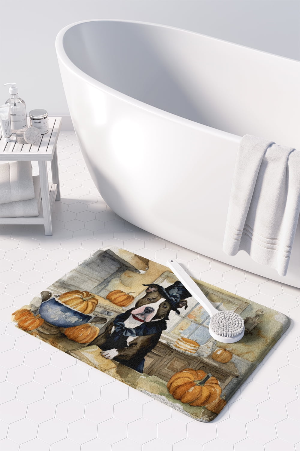 Carolines Treasures DAC1727RUG 19 x 27 in. Unisex Pit Bull Terrier Fall Kitchen Pumpkins Memory Foam Kitchen Mat