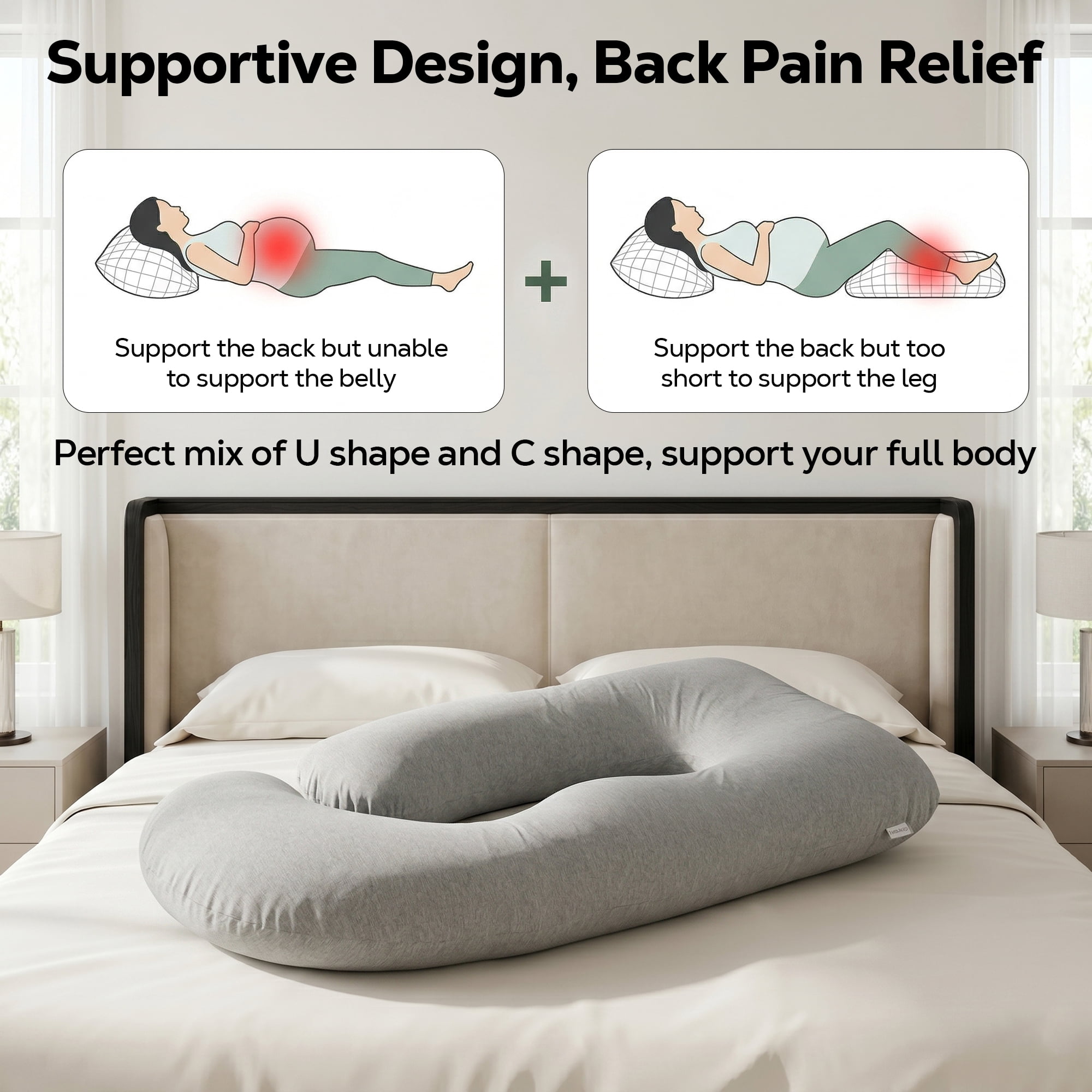 RUPOUN Pregnancy Pillow, J-Shaped Maternity Body Pillow for Sleeping, 70-Inch Full Body Support with Removable Cooling Ice Silk Cover, Gray