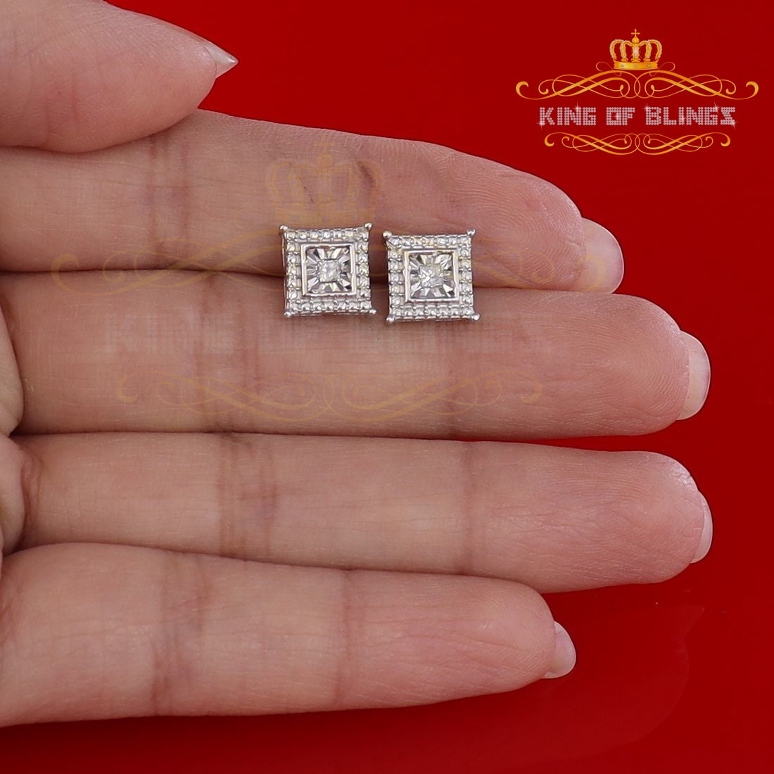 King of Bling's 0.10ct Diamond Stud Squre Earrings For Women White 925 Sterling Silver For Men