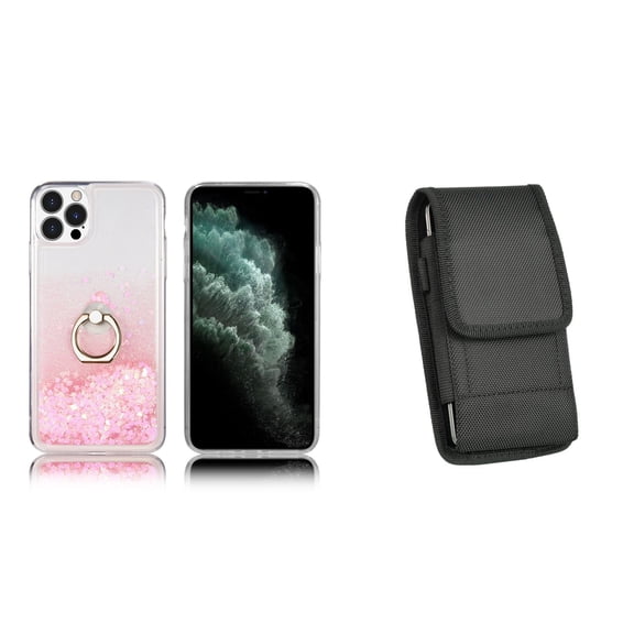 Waterfall Liquid Glitter Stand Case and Belt Holster Pouch for iPhone 14 Pro Max - Pink