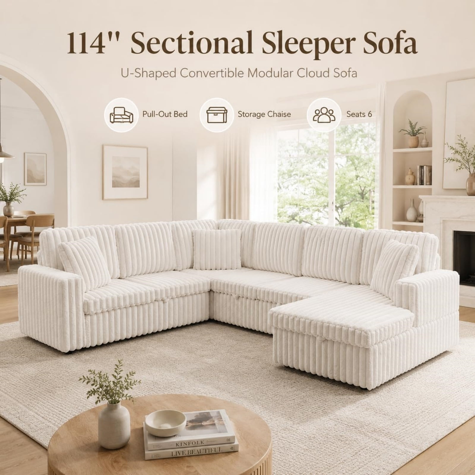 Corduroy U-shaped Sectional Sofa, Modern Minimalist Modular Couch with Pull-Out Sleeper Bed and Storage Chaise, Soft Fabric Convertible Sofa for Living Room, Apartment