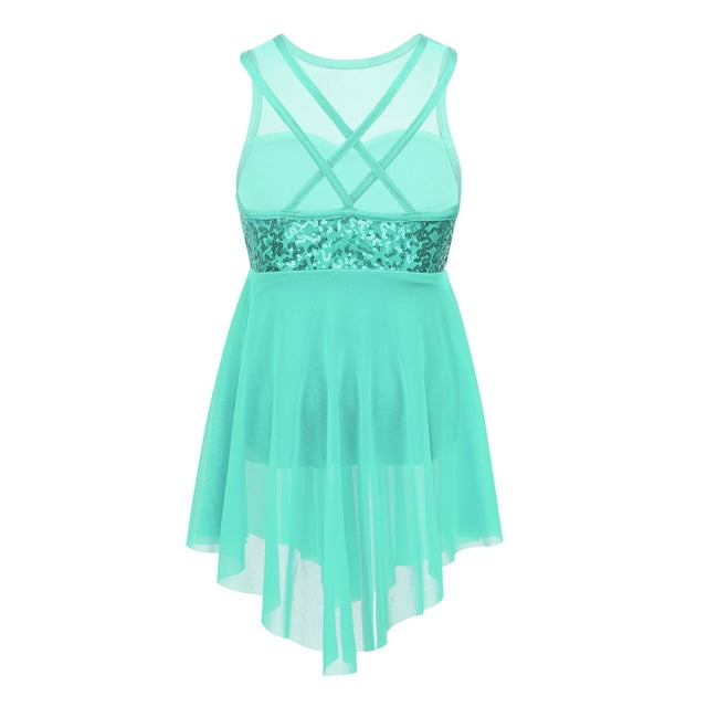 MSemis Robe de Danse à Paillettes pour Filles, Justaucorps de Gymnastique, justaucorps Latin Croisé, Jupe Tutu, Tenue de Danse Ballerine, Vert Menthe, Dos Croisé 6