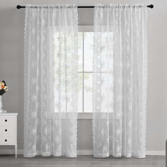 2 Pack White Floral Embroidered Lace Curtains, Vintage Farmhouse Tulle Light Filtering Window Drapes,39.4"W x 59"L