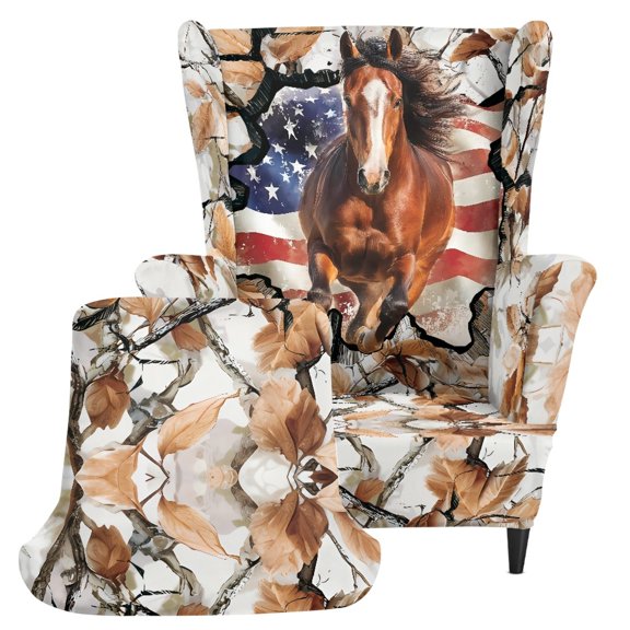 Chririnla Horse American Flag Print Spandex Fabric Wingback Chair Slipcover with Elastic Bottom, Stretch Single-Seat Wingback Armchair Covers for Living Room Home